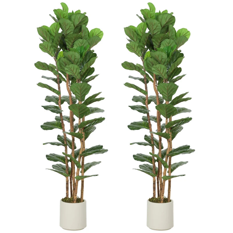 6FT Artificial Fiddle Leaf Fig Tree Set of 2, Fake Potted Tree with Solid Wood Trunks for Indoor Decor, Green