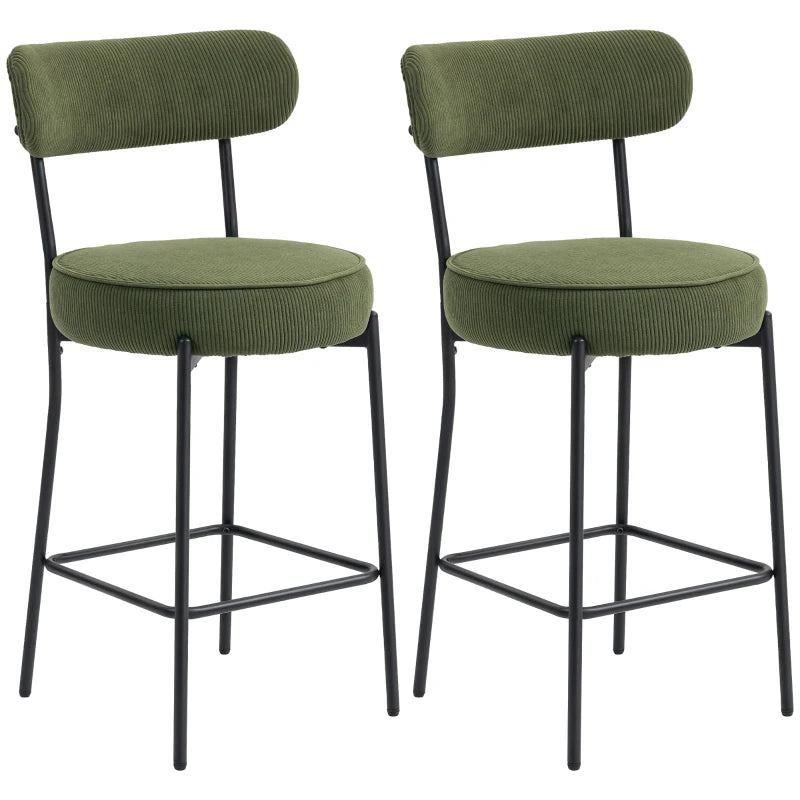 Set of 2 Barstools, Upholstered Corduroy Bar Stools with Backrest, Footrest for Kitchen Island, Dining Room, Green