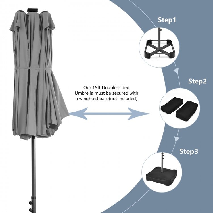 15 Feet Twin Patio Umbrella with 48 Solar LED Lights-Gray
