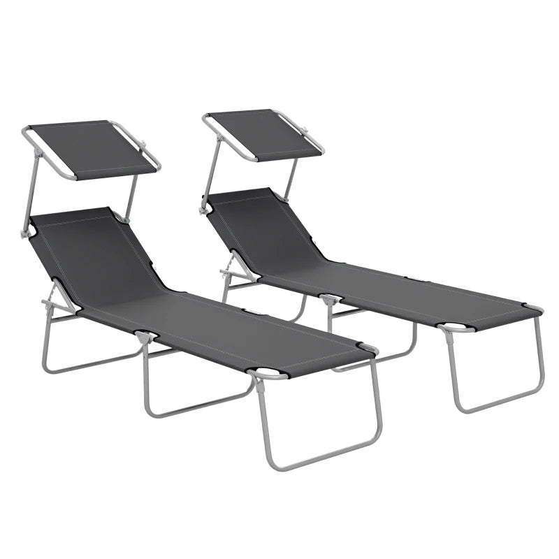 2Pcs Outdoor Lounge Chair, Adjustable Folding Chaise Lounge with Sun Shade for Beach, Camping, Hiking, Grey