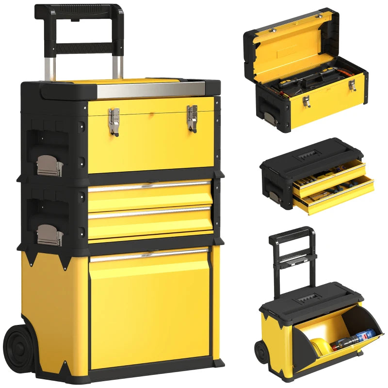 3-in-1 Tool Box with Wheels, Stackable, Modular Steel Toolbox with Tray, Handles, Latches for Workshop, Garage, Yellow
