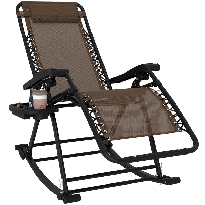 2 in 1 Adjustable Zero Gravity Reclining Lounge Chair Garden Recliner and Rocker Foldable Sun Lounger Napping Seat w/ Headrest & Tray Brown