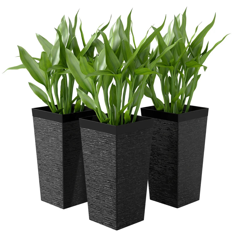 22.8" Tall Planters Set of 3, Indoor Outdoor Taper Planters with Stone Finish, Wheels and Drainage Hole, Black