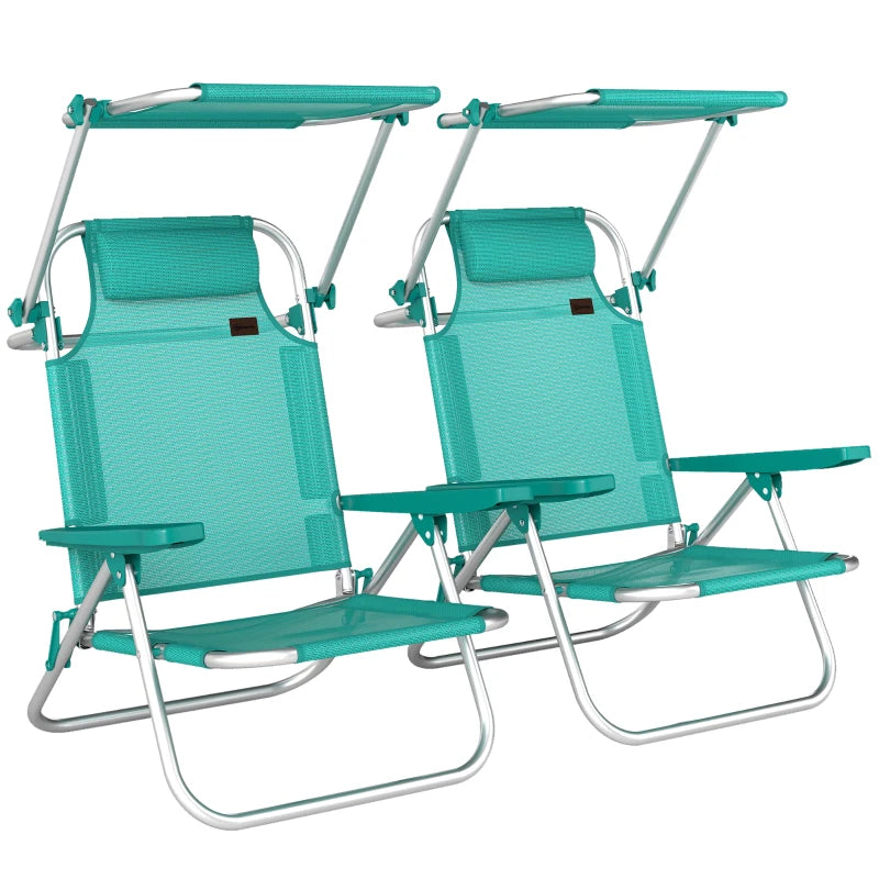 2 Piece Folding Beach Chairs with Adjustable Canopy, 6-Position Reclining Lounge Chair with Headrest, Turquoise