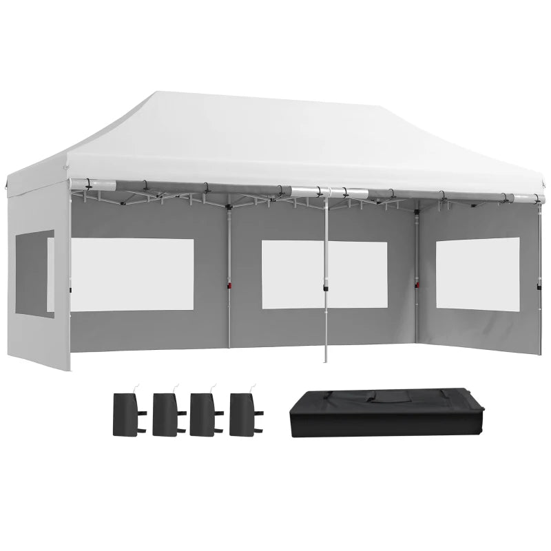 20' x 10' Folding Pop Up Canopy Tent with Sidewalls,  Windows, Weight Bags and Carrying Bag, White