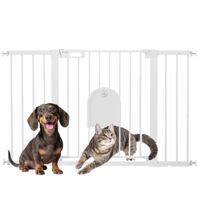 30"-52" Extra Wide Pet Gate Barrier with Small Door, 30"H Dog Gate with Safety Gate Barrier, Stair Pressure Fit, White