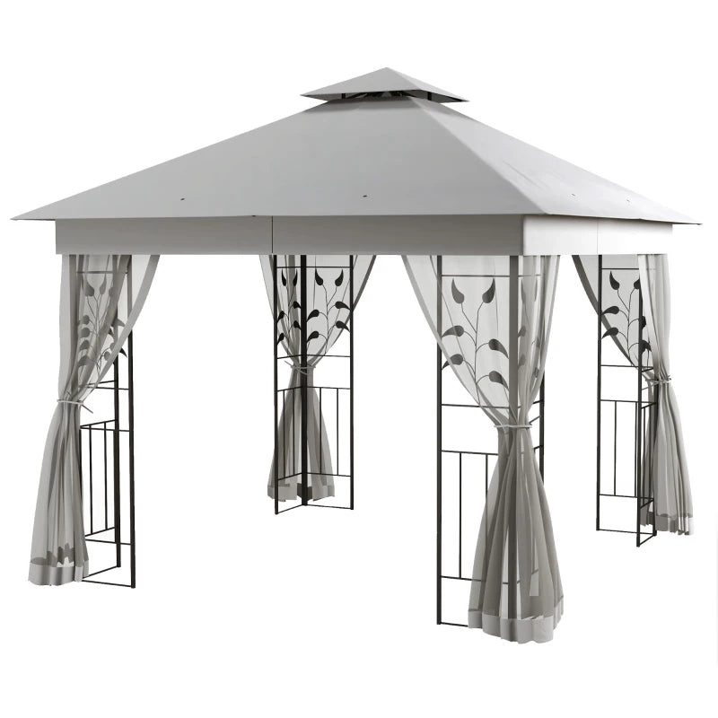 10'x10' Soft-top Steel Patio Gazebo Outdoor Sun Shelter with 2-Tier Polyester Roof, Curtain Sidewalls, Light Grey
