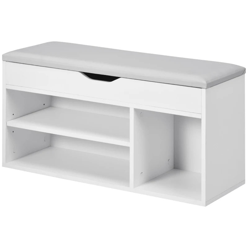 Shoe Bench Entryway Storage Rack with Padded Cushion, Hidden Storage for Hallway, Living Room, White