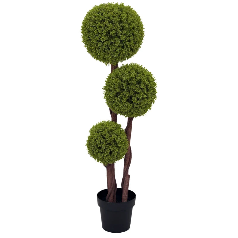 45 Inch Potted Fake Plant, Artificial Boxwood Topiary Tree, Triple Ball Tree for Indoor and Outdoor, Green