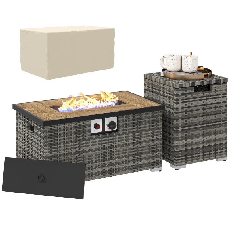 32" Propane Fire Pit Table 40,000 BTU Rattan Outdoor Gas Fire Table with Hideaway Propane Tank Holder, Waterproof Cover