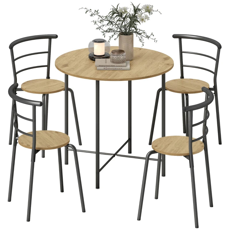 5 Piece Dining Table Set, Space Saving Round Dining Set for 4 with Metal Frame for Small Spaces, Natural