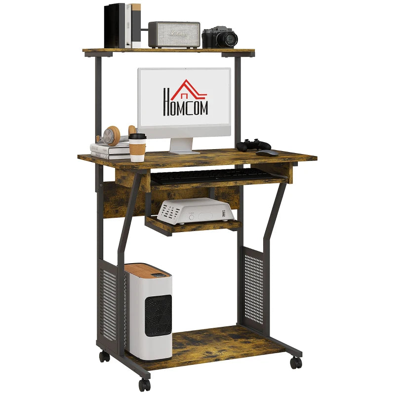 32" Mobile Computer Table, Rolling Study Desk for Home Office with Keyboard Tray, Storage Shelves, Wheels, Rustic Brown