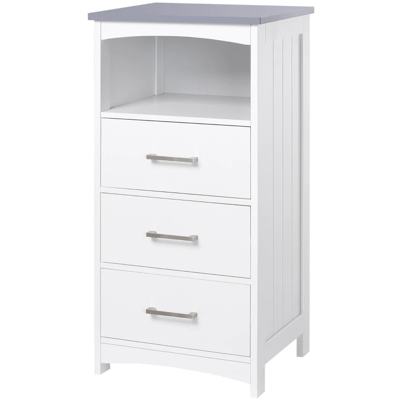 Small Bathroom Storage Cabinet, Floor Cabinet with 3 Drawers and Open Component, Narrow Bathroom Cabinet, White