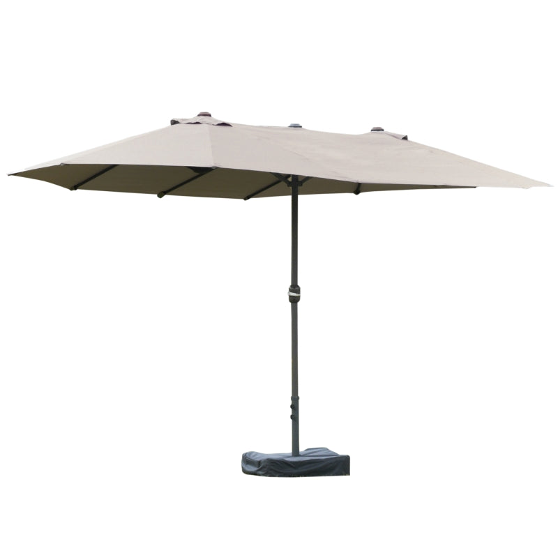 15' Outdoor Patio Umbrella with Twin Canopy Sunshade Steel Table Umbrella w/ Lift Crank, Cross base, Sandbag, Light Grey