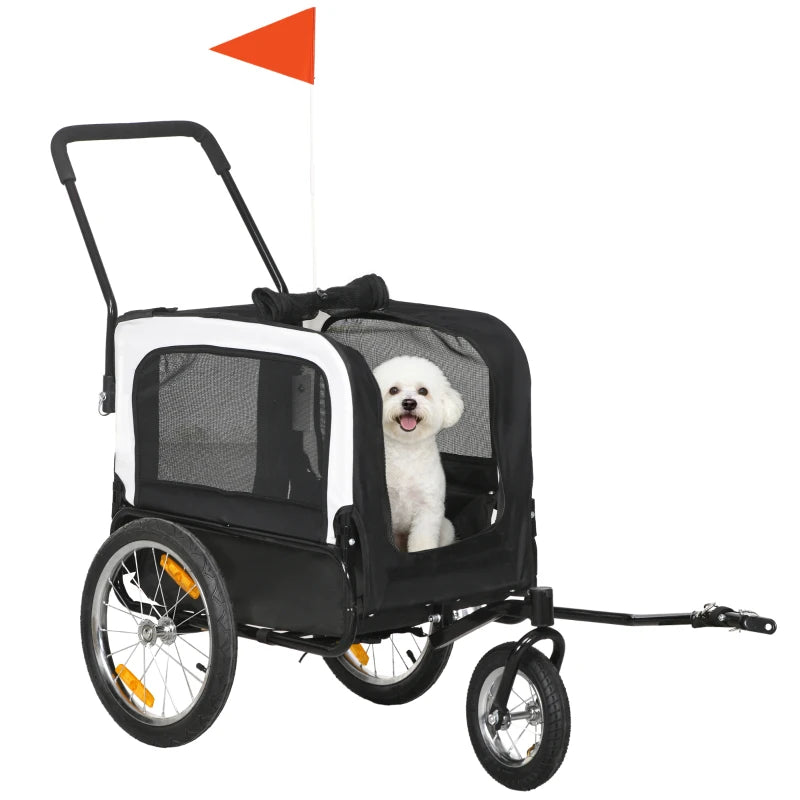 2 in 1 Dog Bike Trailer, Dog Stroller with Safety Leash, Hitch, Flag, Reflectors, Cushion for Small Dogs, Black