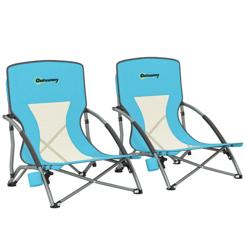 Set of 2 Folding Beach Chairs with Mesh Back, Carry Bag and Cup Holder for Outdoor Camping Lawn, 22.8" x 21.7" x 24.4"