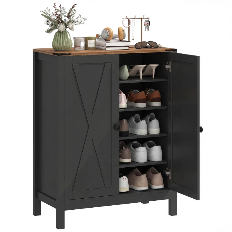 Shoe Cabinet with Barn Doors, Farmhouse Shoe Storage Cabinet with Adjustable Shelves, Holds up to 15 Pairs, Black
