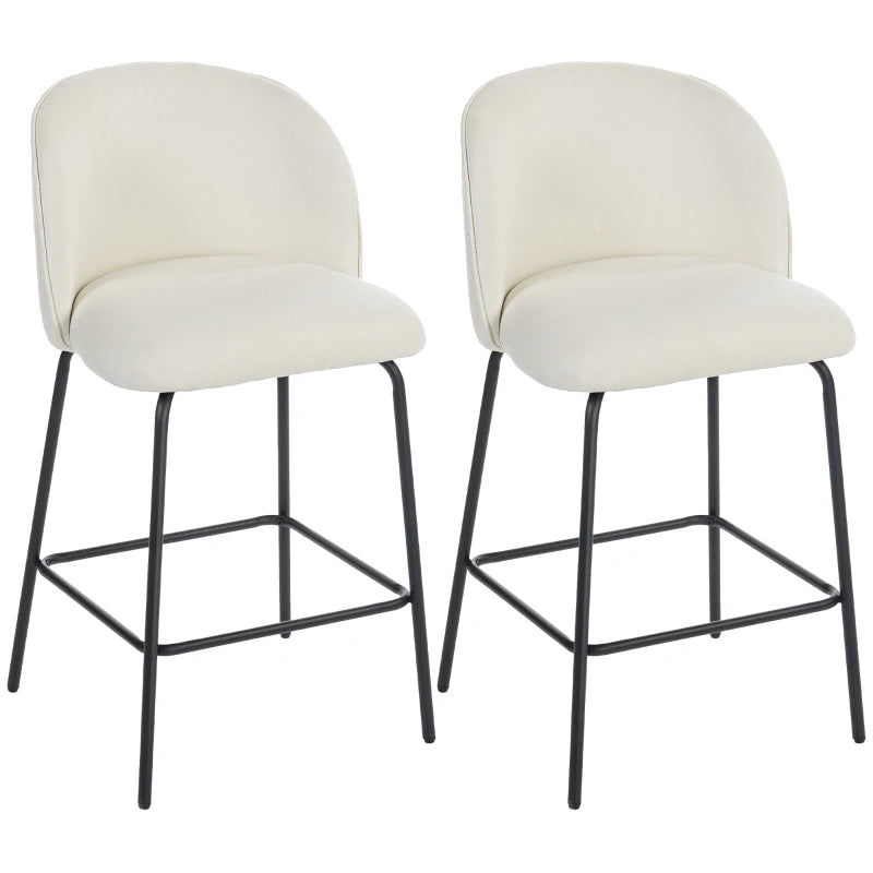 Set of 2 Counter Height Barstools, Upholstered Linen Bar Stools with Backrest, Footrest and Steel Legs, Cream White