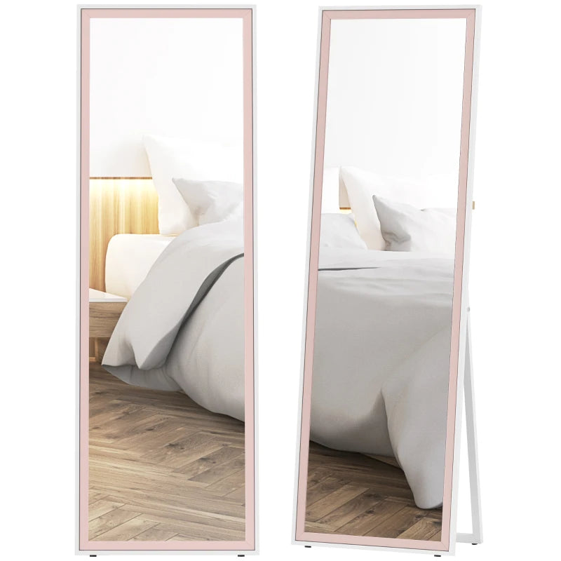 64" x 21" Full Length Mirror, Rectangular Full Body Mirror with Frame, Standing, Hanging or Leaning, White and Pink