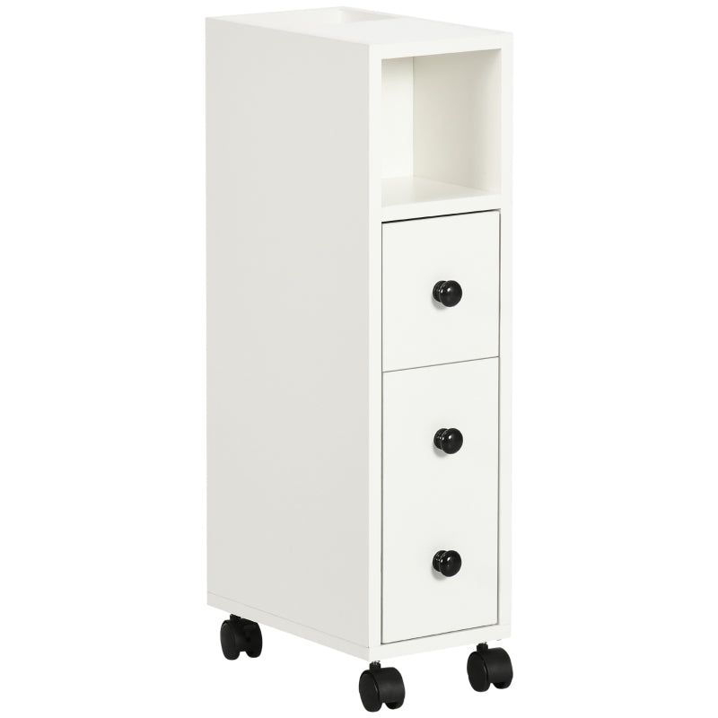 Slim Bathroom Cabinet with Wheels, Narrow Bathroom Storage Cabinet with Door, Drawer and 2 Open Compartments, White