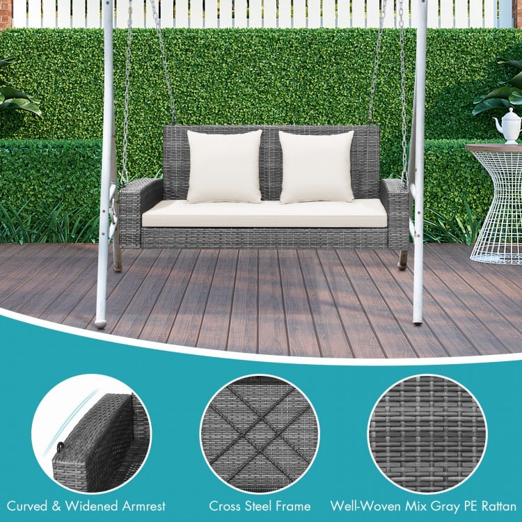 2-Person Patio PE Wicker Hanging Porch Swing Bench Chair Cushion 800 Pounds-White