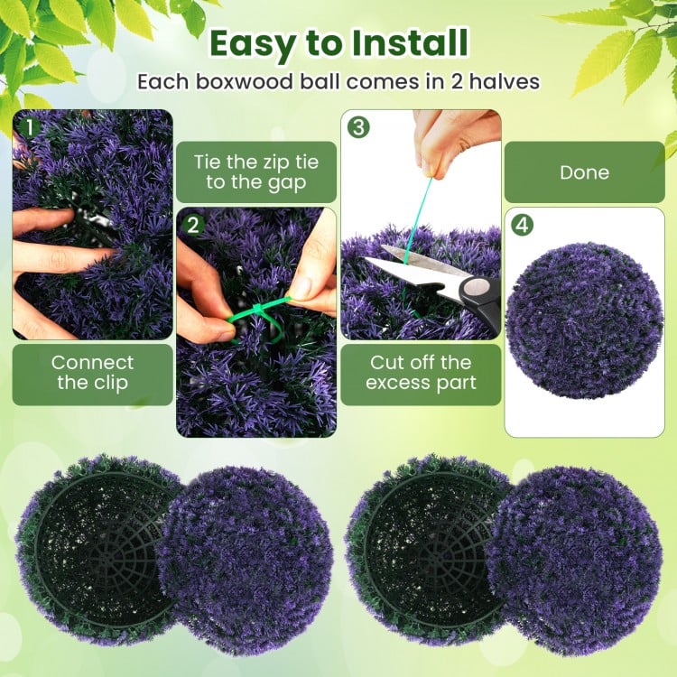 15 Inch Round Artificial Plant Boxwood Topiary Balls Set of 2 for Indoor Outdoor-Purple