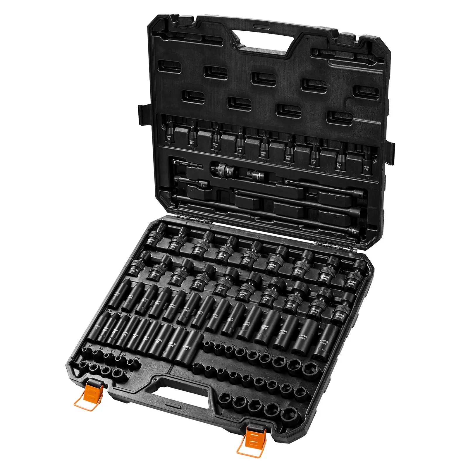 VEVOR 3/8" Drive Impact Socket Set, 90 Piece Socket Set SAE 1/4"-3/4" and Metric 6-19mm, 6 Point Cr-Mo Alloy Steel for Auto Repair, Includes Extension Bars Universal Joint Adapter Lock Storage Case