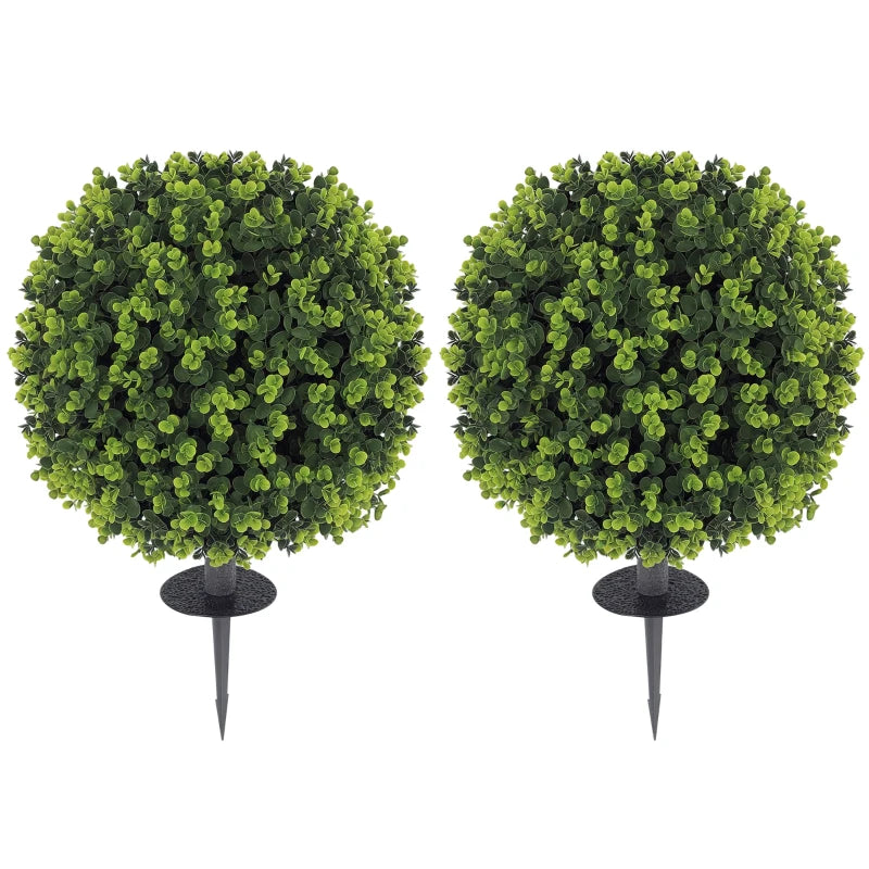 2 Pack 1.3ft Artificial Ball Eucalyptus Topiary with Ground Stake, UV Resistant Faux Greenery for Indoor Outdoor