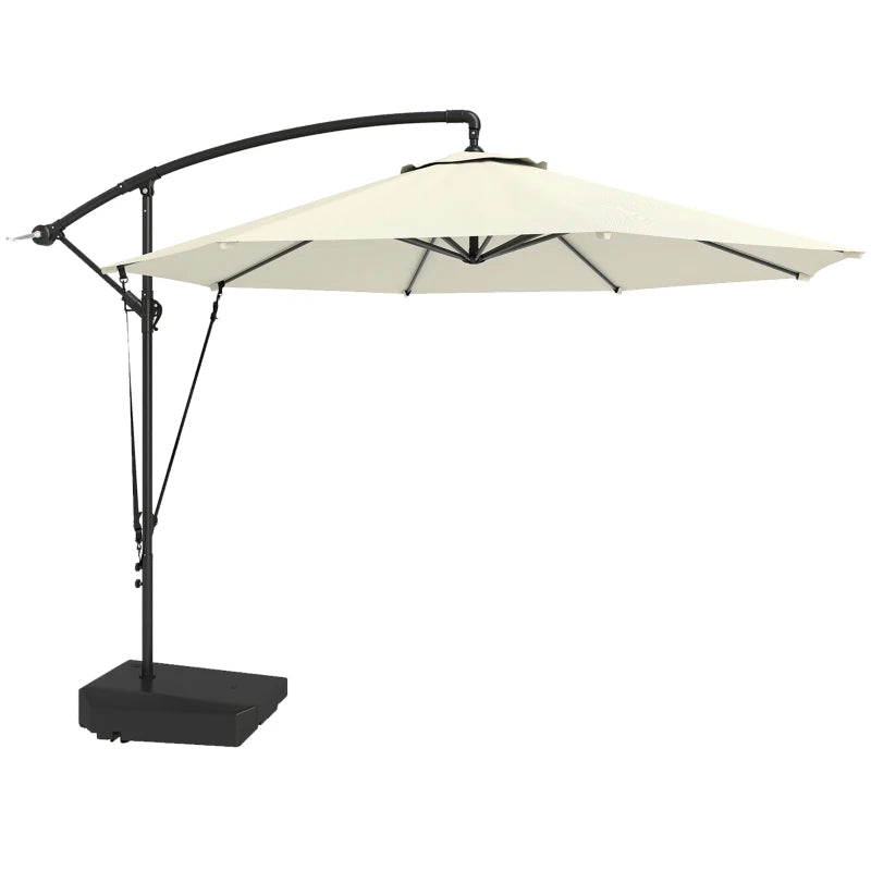 10FT Cantilever Umbrella with Fillable Base, Wind Strap and Cover, Offset Hanging Umbrella with Crank, Cream White