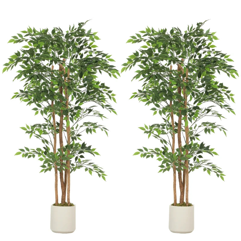 6FT Artificial Banyan Tree Set of 2, Fake Potted Tree with Solid Wood Trunk and Pot for Indoor