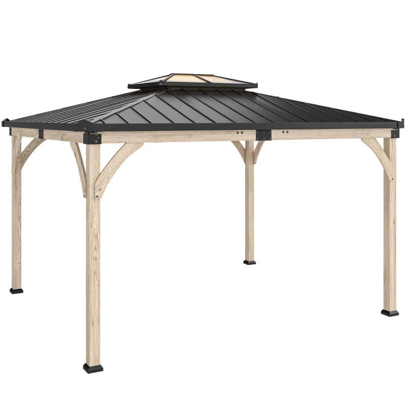12' x 14' Hardtop Gazebo Canopy with Galvanized Steel Roof, Wood Frame, Double Roof Outdoor Gazebo, Light Walnut