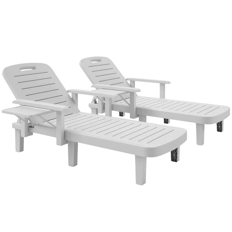 Set of 2 Tanning Chair, 5 Positions Adjustable Outdoor Lounge Chairs with Foldable Side Table, White