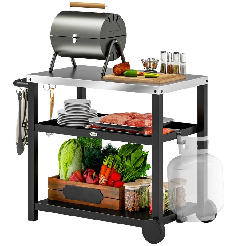 3-Shelf Outdoor Grill Dining Cart Pizza Oven Stand with Stainless Steel Top, Movable BBQ Food Prep Table Outdoor Kitchen Island with Hooks Wheels Handle, Charcoal Grey