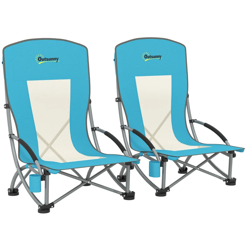 Set of 2 Folding Beach Chairs with Mesh Back, Carry Bag and Cup Holder for Outdoor Camping Lawn, 27.6" x 22.8" x 31.1"