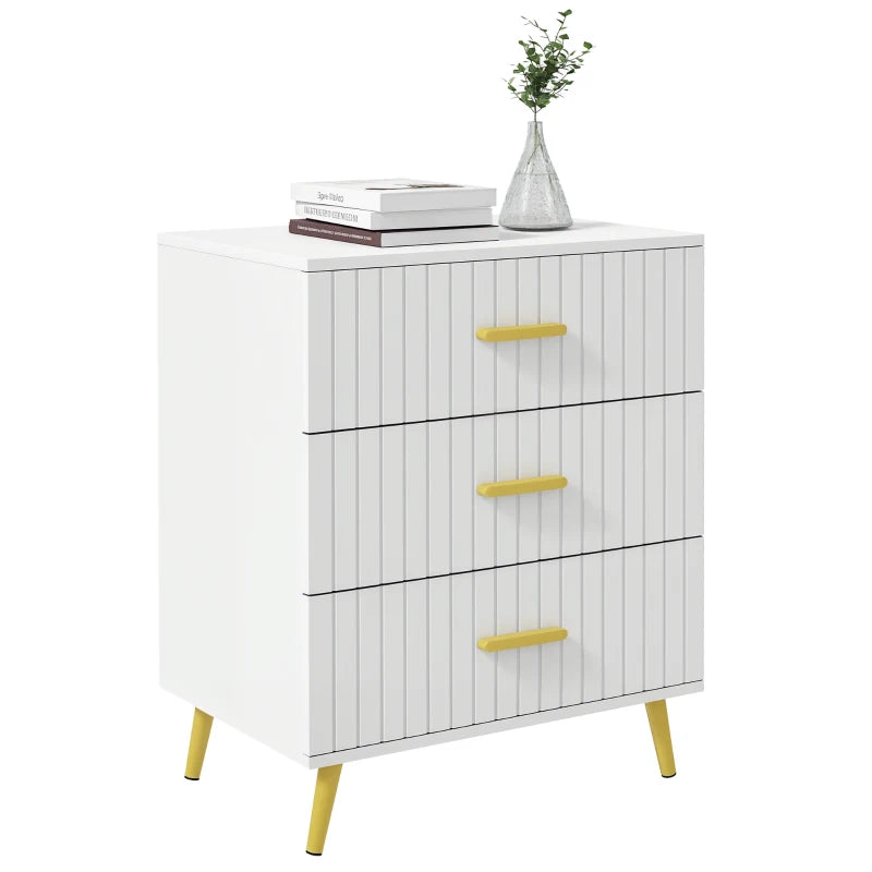 3 Drawer Cabinet, Drawer Chest for Bedroom, Chest of Drawers with Aluminium Legs and Gold Handles, White