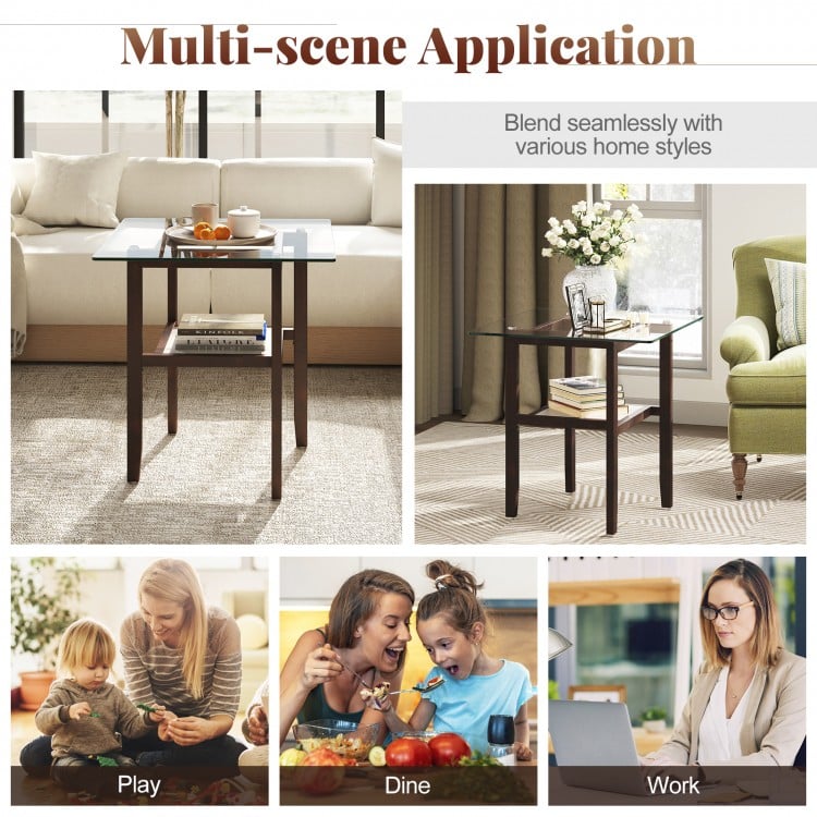 24 Inch 2-Tier Square Glass Coffee Table Center Table with Storage Shelf-Brown