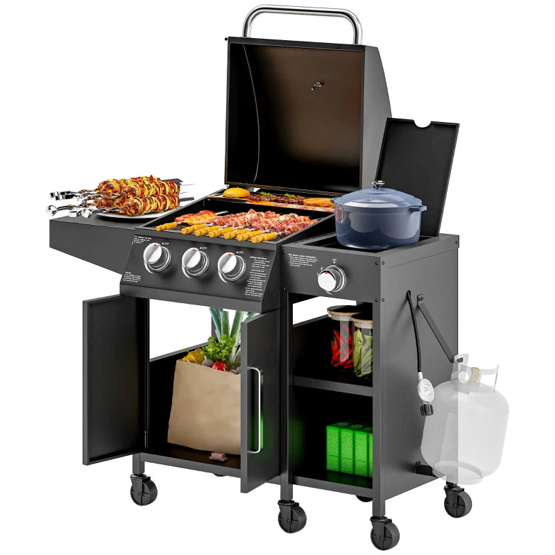 3 Burner Gas Grill with Side Burner, 9.5 KW Propane BBQ Grill, Cabinet Style with Shelves, Wheels, Instant Ignition