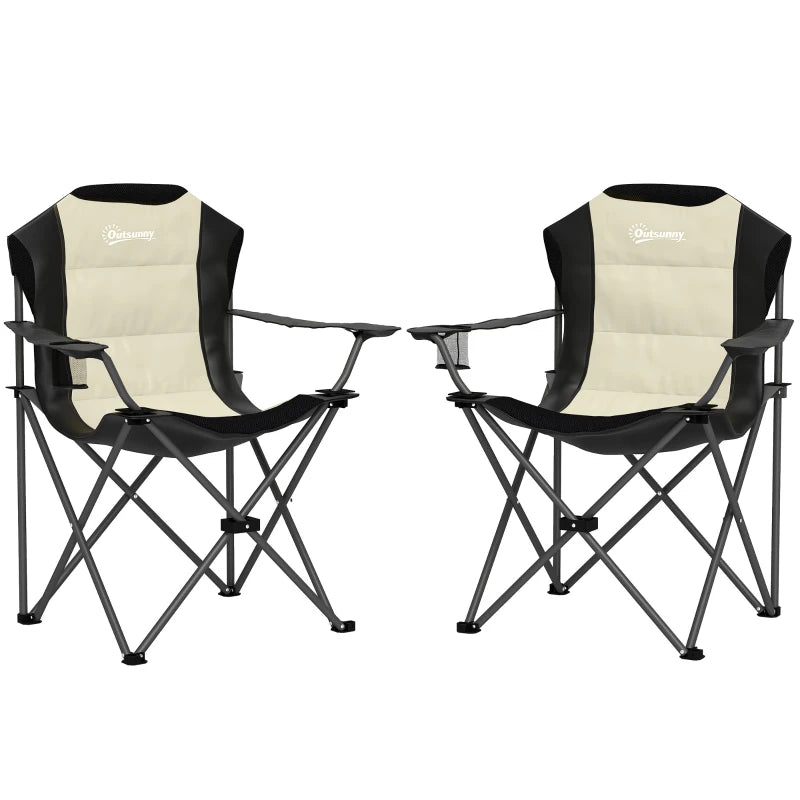 2 Pack Folding Camping Chairs, High Back Folding Chairs w/ Cup Holder, Padded Camping Chairs for Outdoor Events, Cream