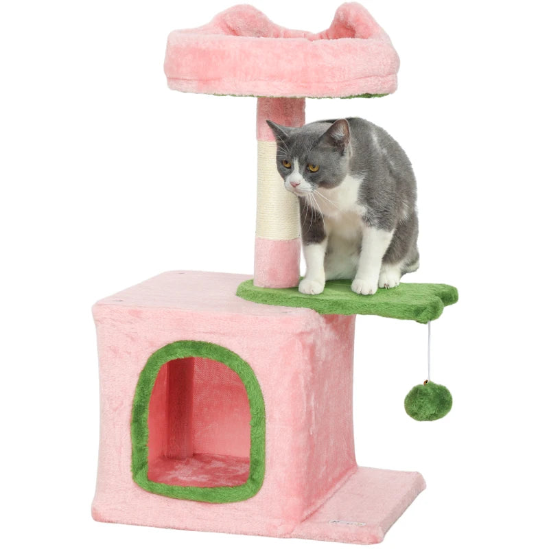28" Cat Tree Tower with Plush Top Bed, Cozy Condo, Sisal Scratching Post, Perch, Dangling Ball, Pink & Green