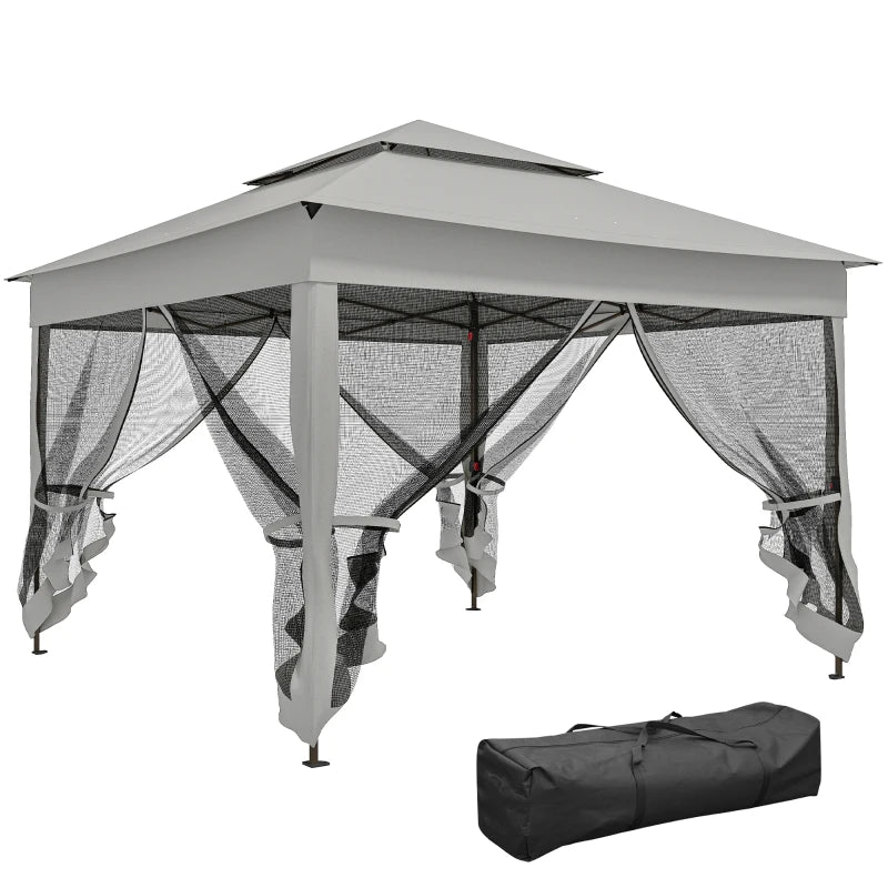 11' x 11' Pop Up Canopy 2-Tier Soft Top Shelter Event Tent w/ Netting Carry Bag for Patio Backyard Garden, Light Grey