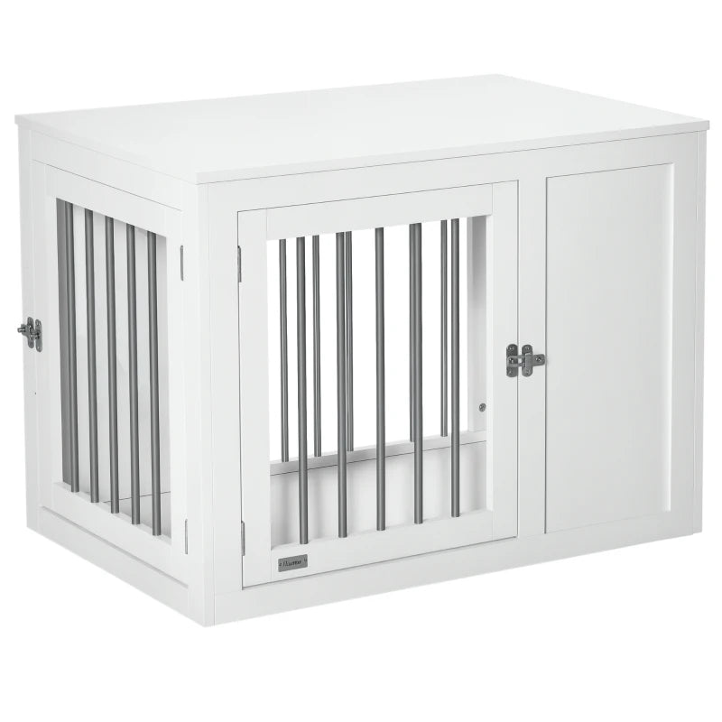 2-in-1 Dog Cage and Side Table, with Two Lockable Doors, for Medium Dogs - White