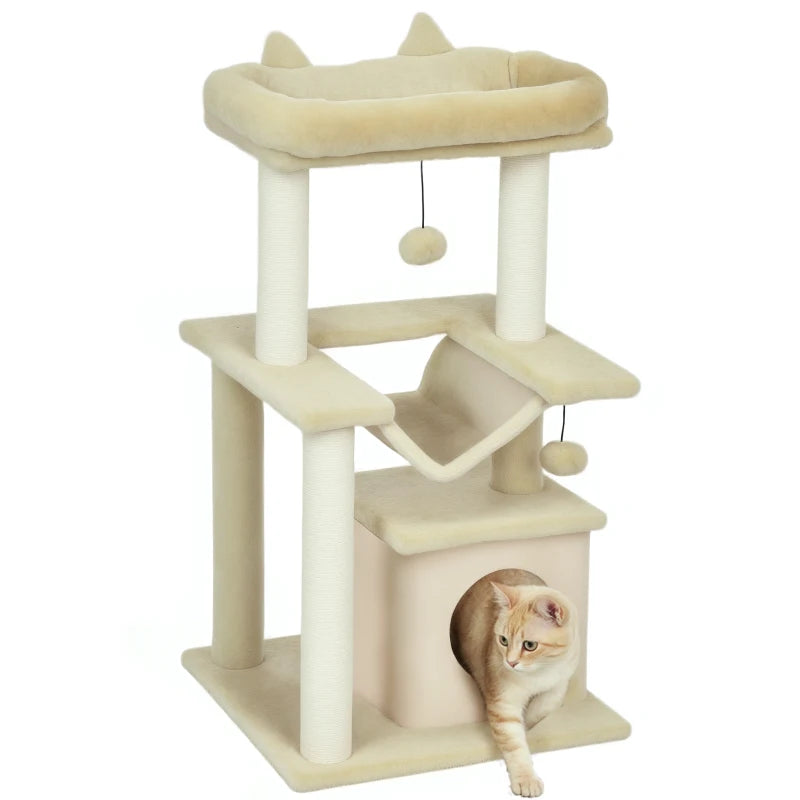 39.25'' Cat Tree Tower Multi-Level Kitten House with Scratching Post Condo Hammock Bed Ball Toy - Beige
