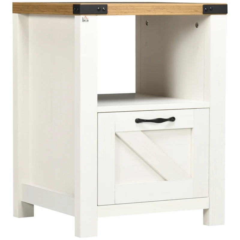 Side Table with Storage, Farmhouse End Table with Drawer, Open Shelf and Barn-style Panel, Nightstand for Living Room, Bedroom, White