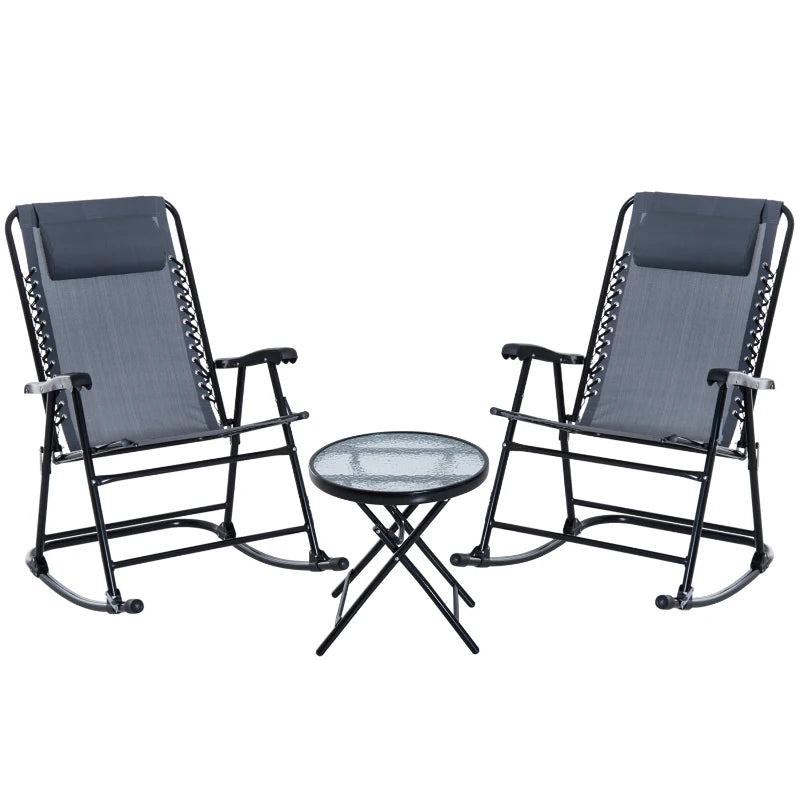 3pc Patio Rocking Chair Set, Folding Outdoor Rocking Chairs and Table Bistro Set w/ Breathable Mesh Seat & Backrest, Headrest for Park, Backyard, Garden, Grey