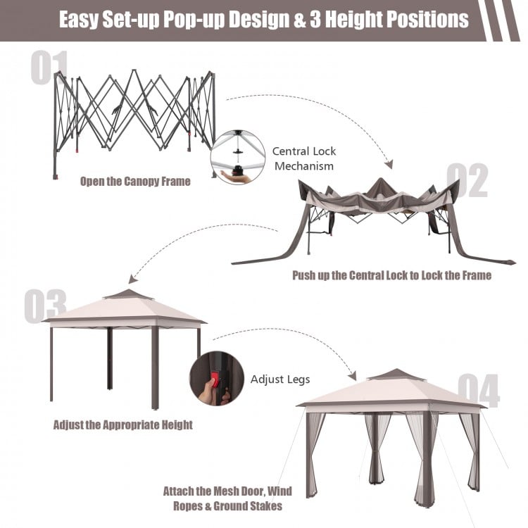 2-Tier 11 x 11 Feet Pop-Up Gazebo Tent Portable Canopy Shelter Carry Bag Mesh-Beige
