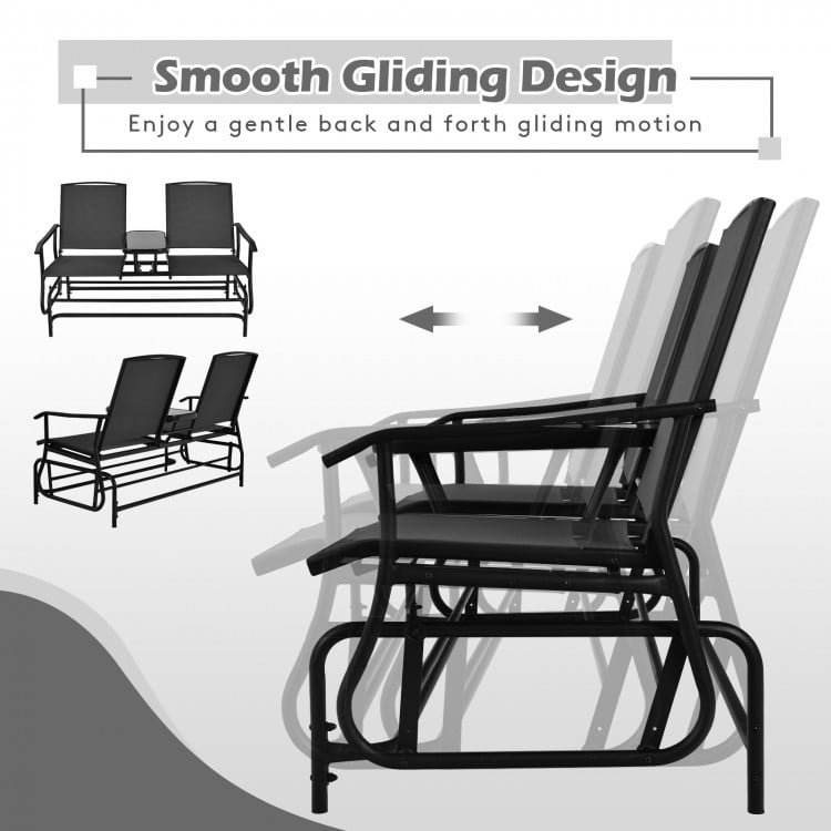 2-Person Double Rocking Loveseat with Mesh Fabric and Center Tempered Glass Table-Black