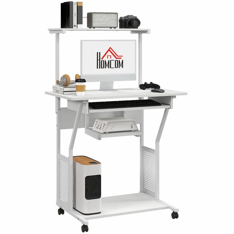 32" Mobile Computer Table, Rolling Study Desk for Home Office with Keyboard Tray, Storage Shelves, Wheels, White
