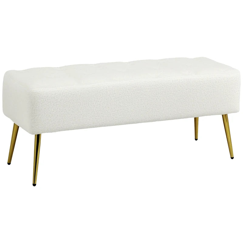 44" Lamb's Wool-Feel Upholstered Bedroom Bench, End of Bed Bench with Thick Padded Cushion and Steel Legs, Cream White
