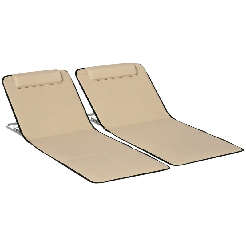 2 Pieces Beach Lounge Chair, Outdoor Folding Chaise Lounge Set w/ Pillow for Sunbath, Snap, Beige