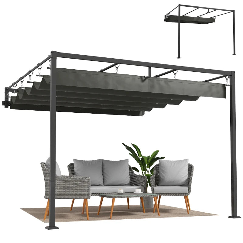 10' x 10' Retractable Pergola Canopy, Wall-Mounted Pergola, Outdoor Sun Shade Shelter for Garden, Balcony, Dark Grey